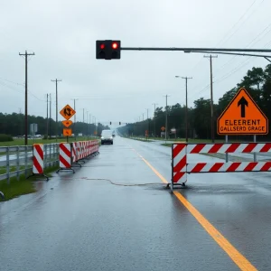 A flooded road signifying a flood warning in Bamberg and Orangeburg counties.