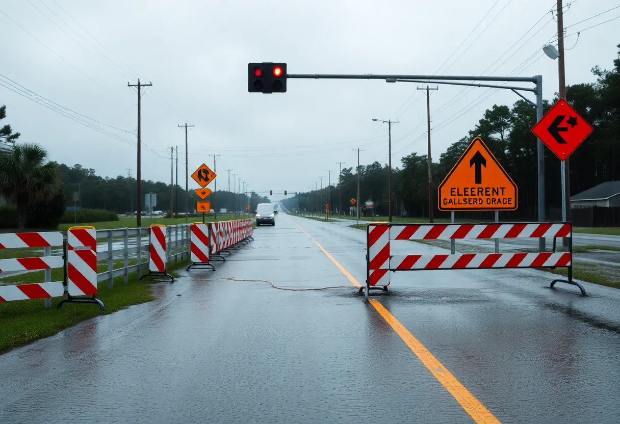 A flooded road signifying a flood warning in Bamberg and Orangeburg counties.