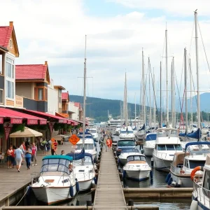 Overview of Hilton Head's South Beach Marina with shops and boats