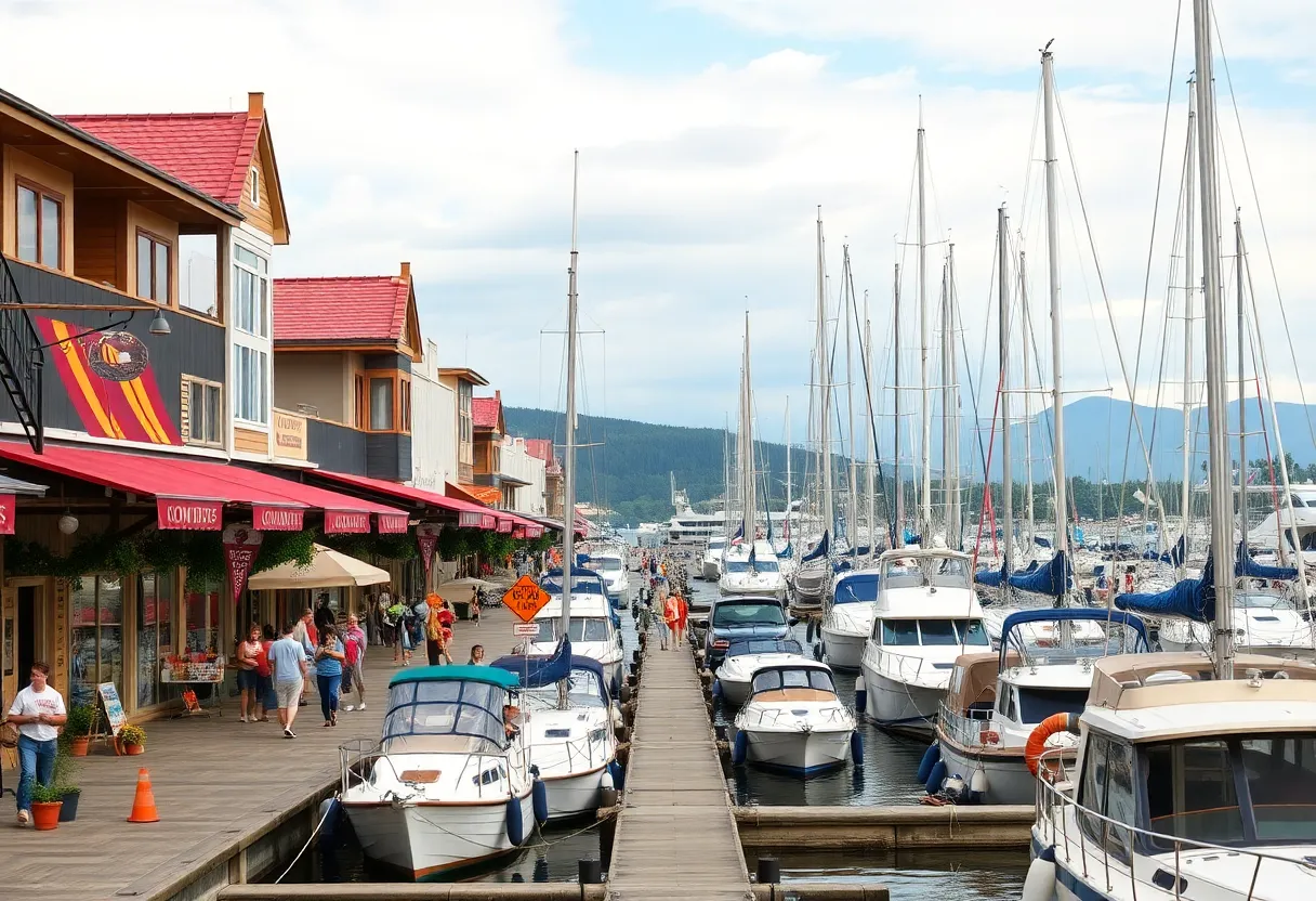 Overview of Hilton Head's South Beach Marina with shops and boats