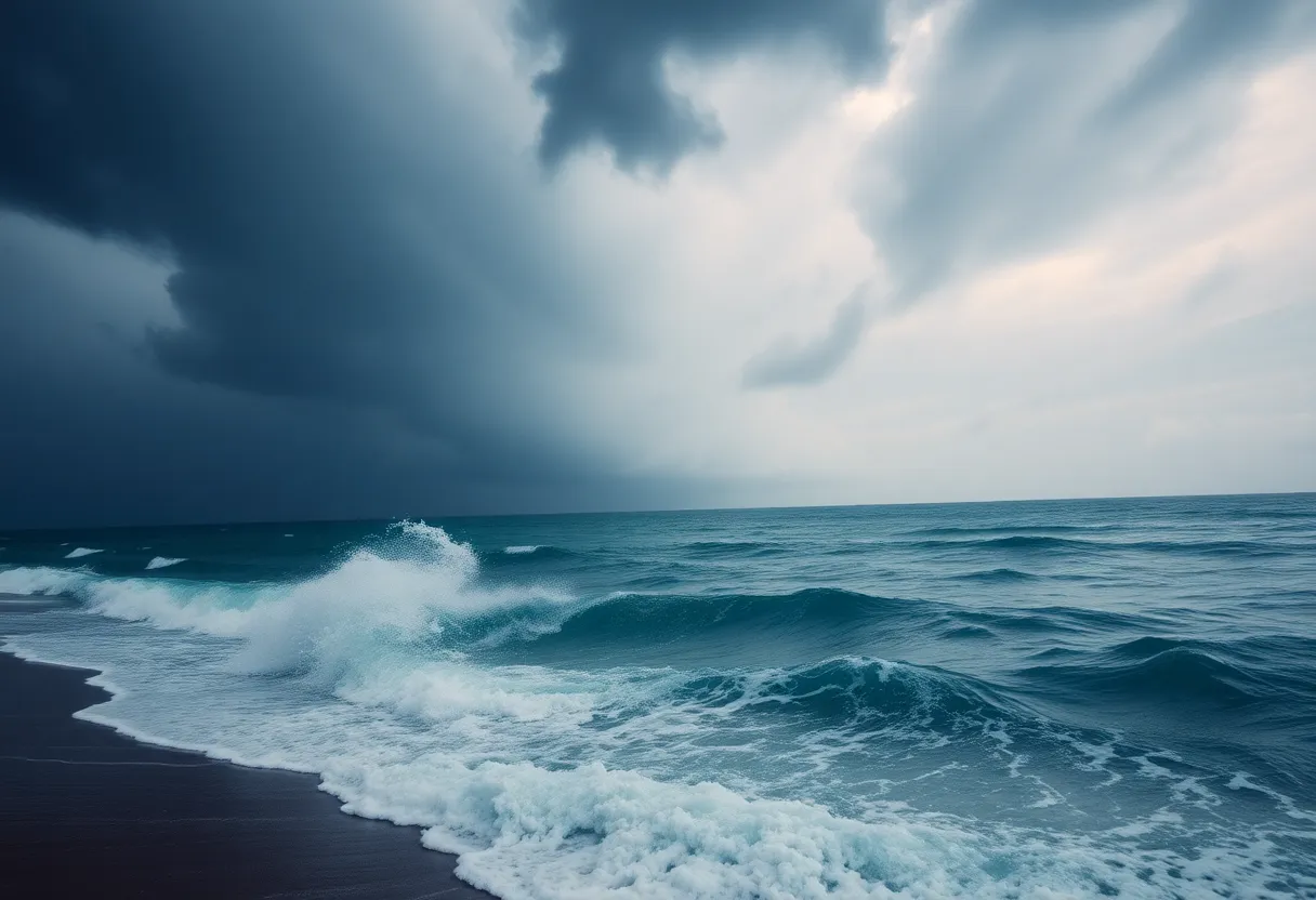 Hurricane Ernesto causing large waves and stormy skies on the U.S. East Coast