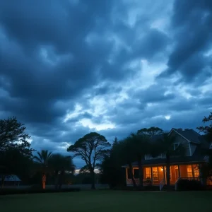 Lowcountry landscape during chilly weather with dark clouds and warm cottage light