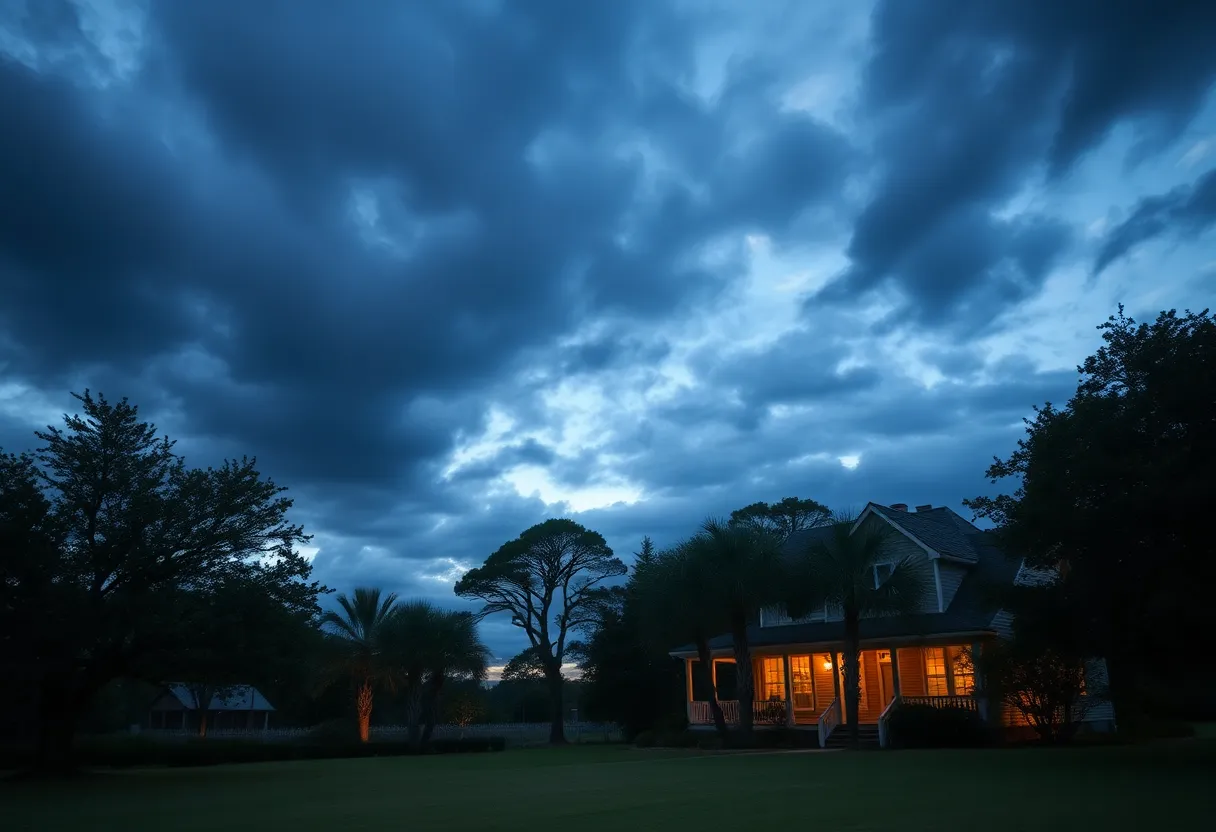 Lowcountry landscape during chilly weather with dark clouds and warm cottage light