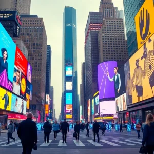 Futuristic marketing landscape in New York with AI integration