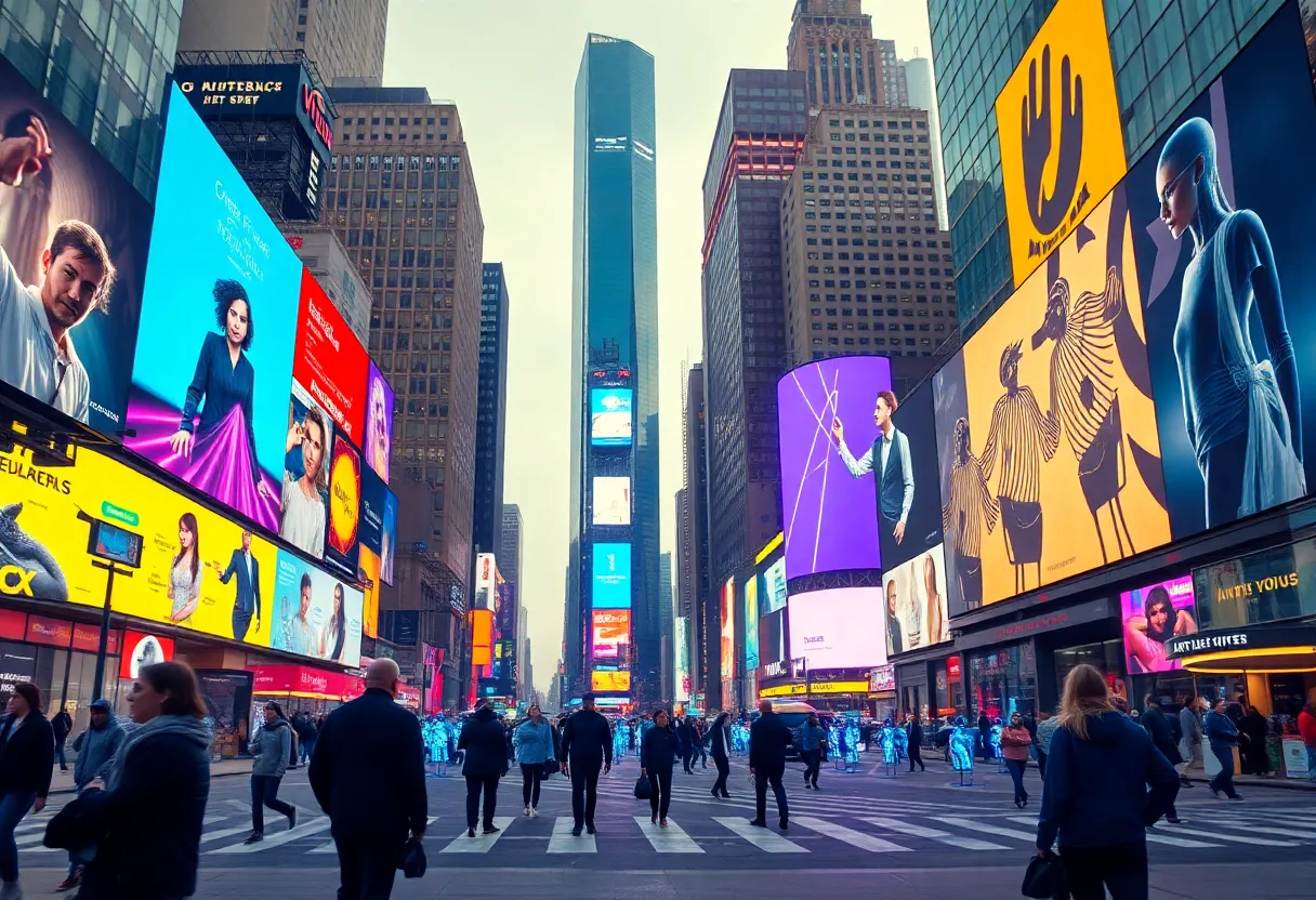 Futuristic marketing landscape in New York with AI integration