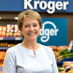 Mary Ellen Adcock, new SVP at Kroger, in front of grocery store