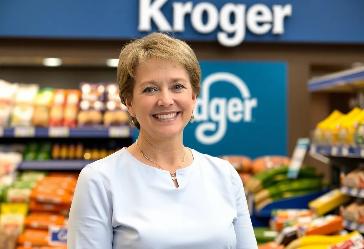 Mary Ellen Adcock, new SVP at Kroger, in front of grocery store