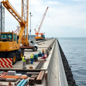 Construction workers and machinery building a new wharf at Charleston Port