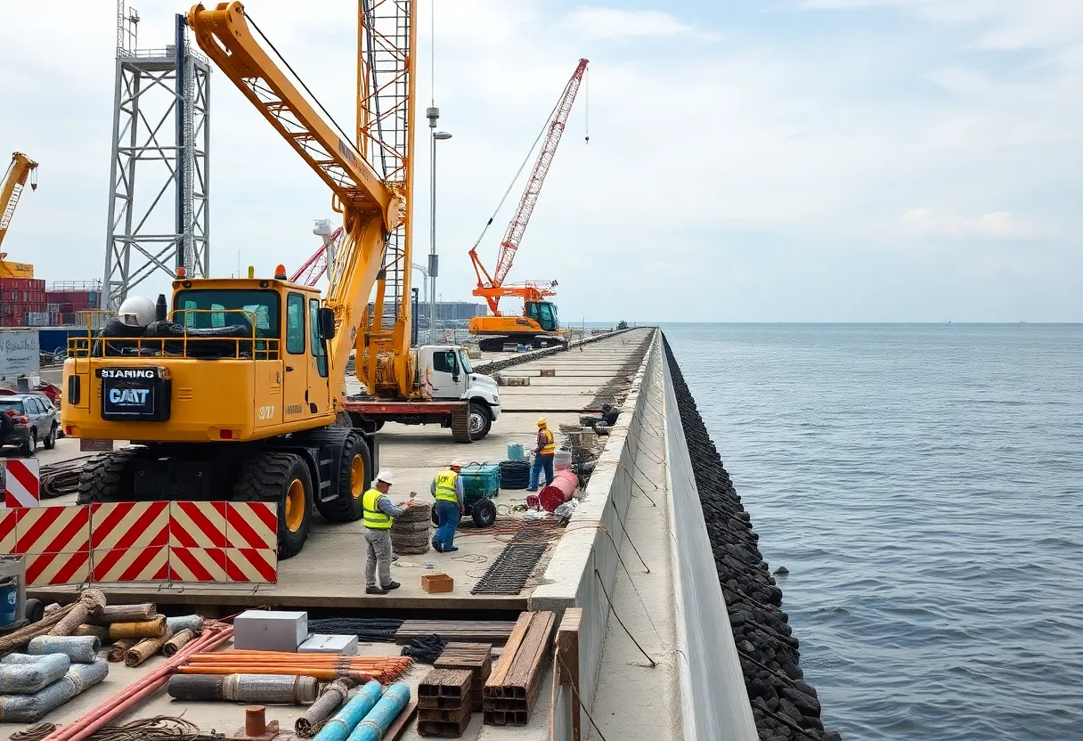 Construction workers and machinery building a new wharf at Charleston Port