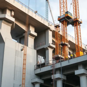 Workers installing precast connections at a construction site