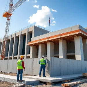 Construction site for the new Raleigh City Hall with precast concrete panels.