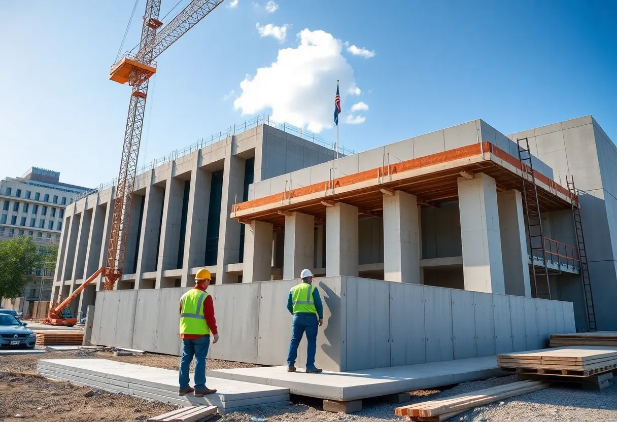 Construction site for the new Raleigh City Hall with precast concrete panels.