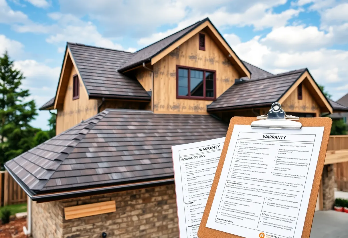 A construction worker reviewing roofing warranty documents on-site.