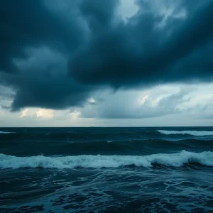 Dark storm clouds and rough seas as a tropical cyclone approaches Honduras