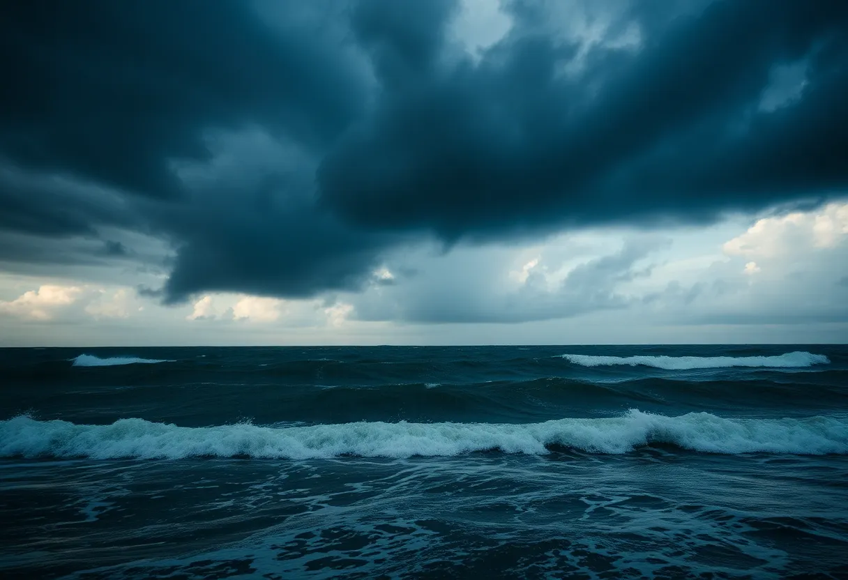 Dark storm clouds and rough seas as a tropical cyclone approaches Honduras