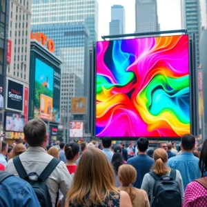 People watching a large TV advertisement in a lively city.