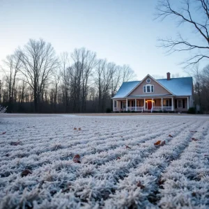 Frost-covered landscape in South Carolina during winter.