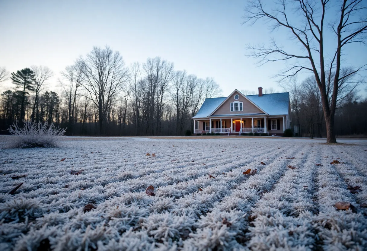 Frost-covered landscape in South Carolina during winter.