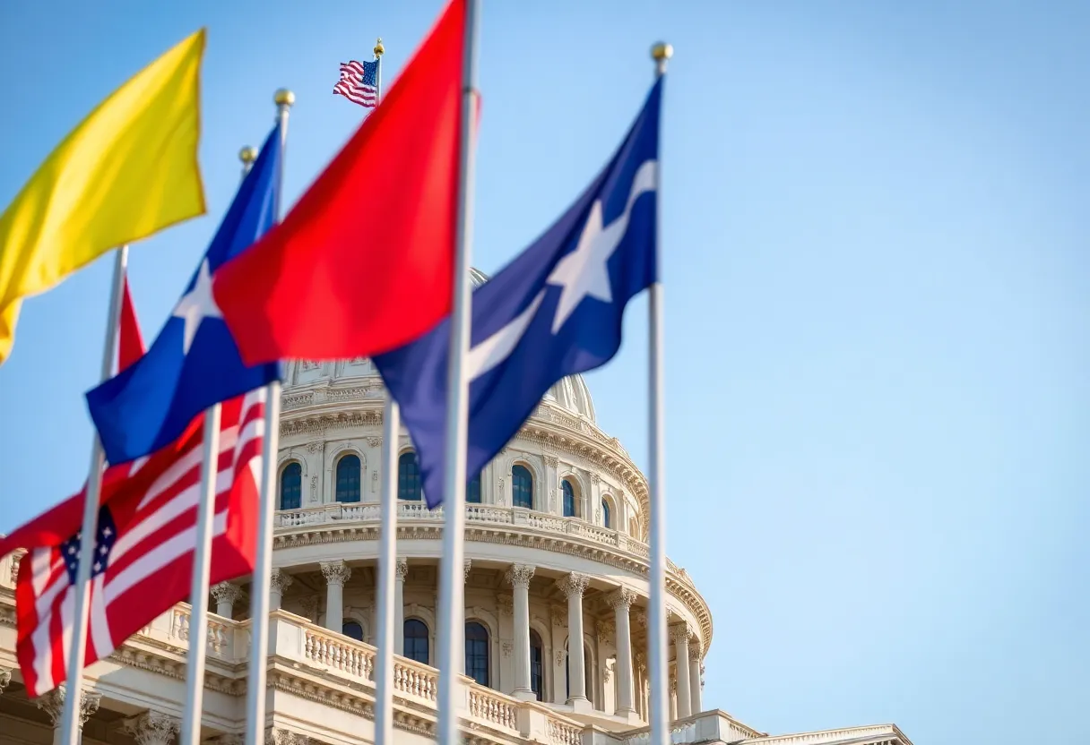 State capitol building with flags waving in tension.