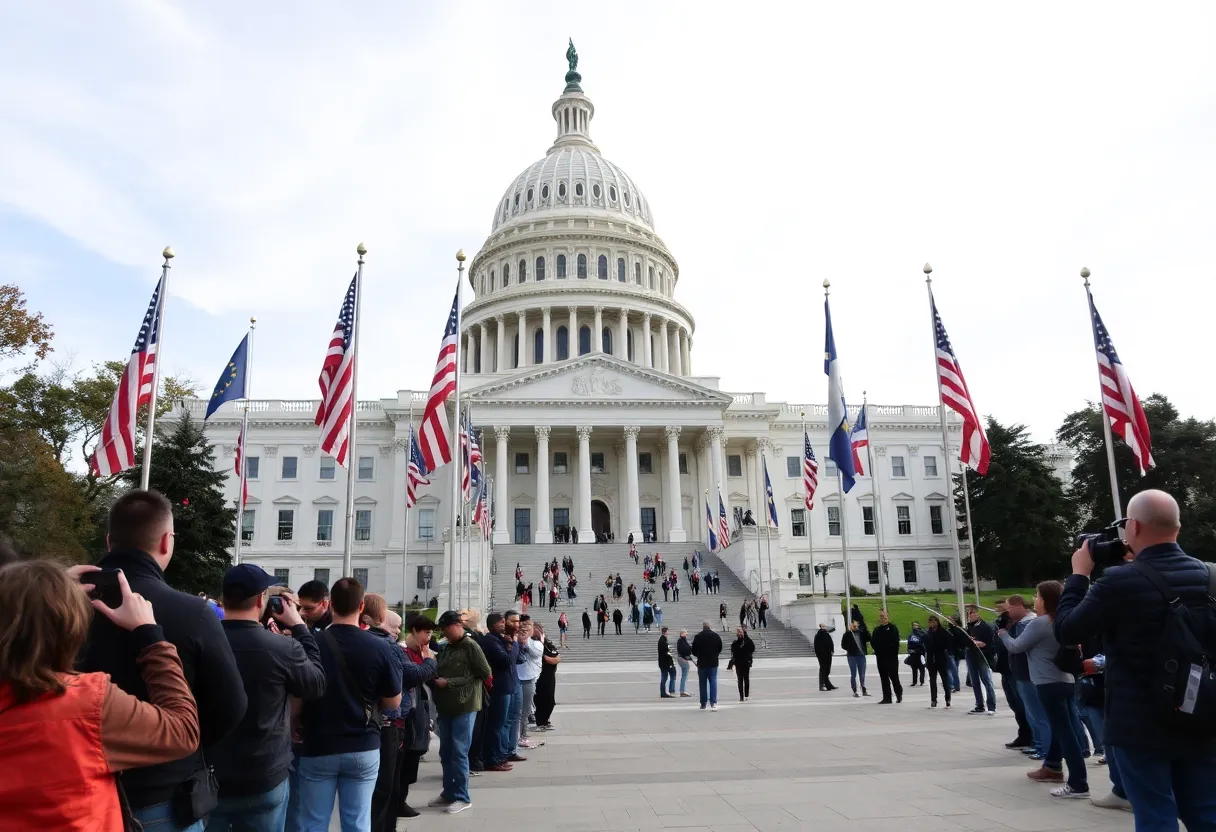 State Capitol building with flags and waiting journalists.