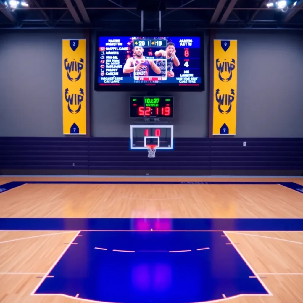 Basketball court with scoreboard showing close game score.