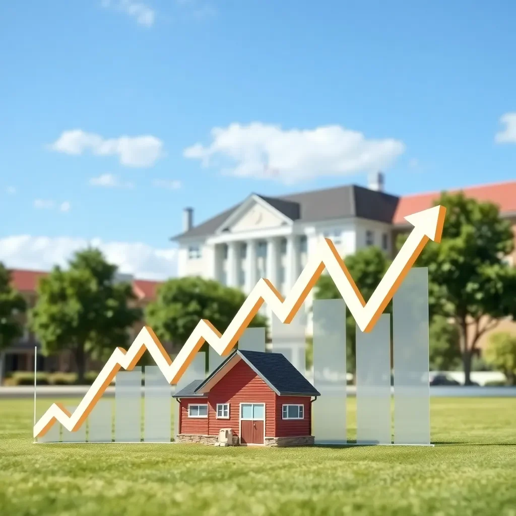 Financial graphs with school buildings in the background.