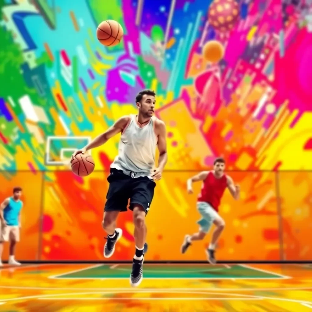 Dynamic basketball action on a vibrant court backdrop.