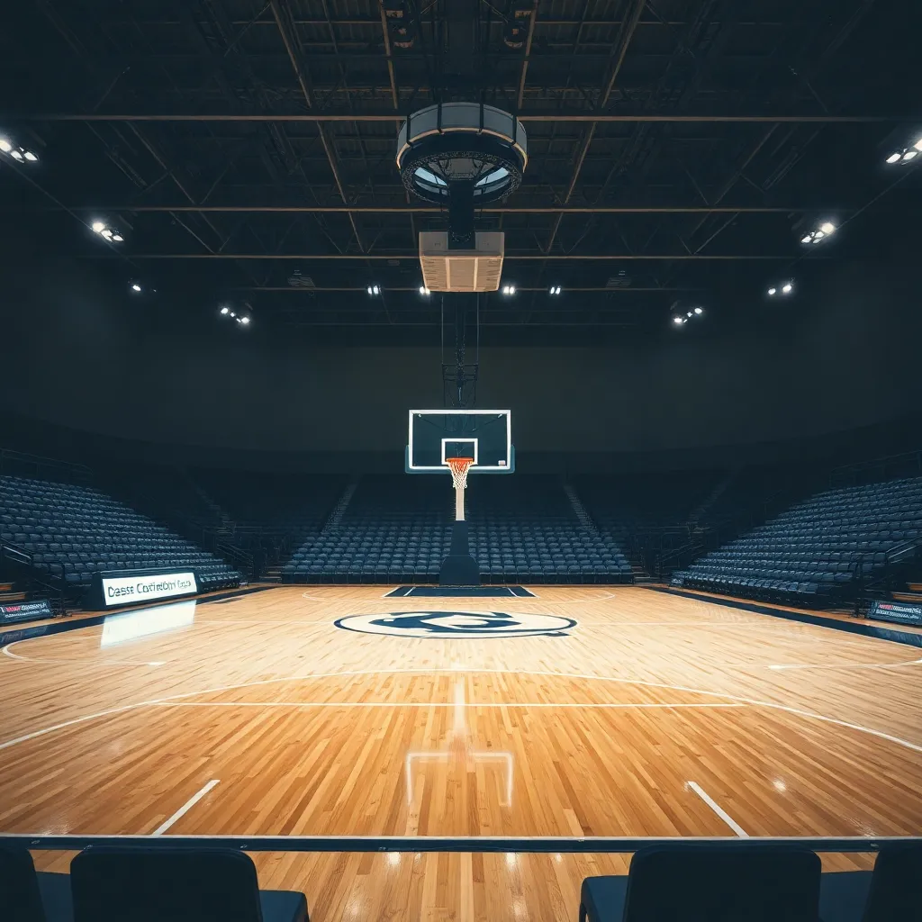 Basketball court with empty bleachers after a tough loss.