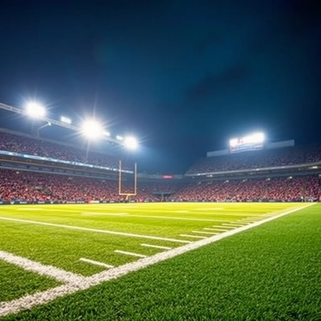 Vibrant football field under stadium lights on championship night.