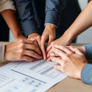 Diverse hands joining together over a job application.