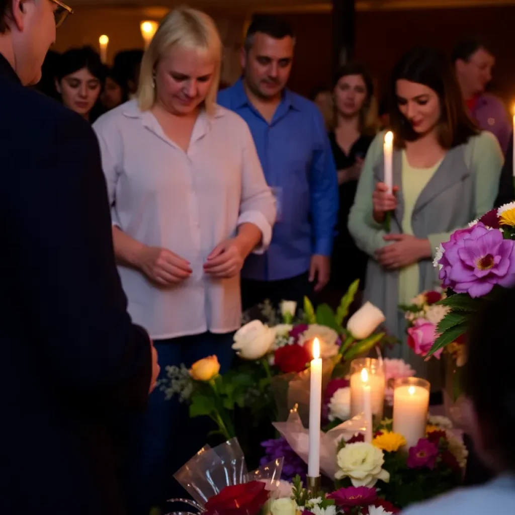 Community gathering with candles and flowers in remembrance.