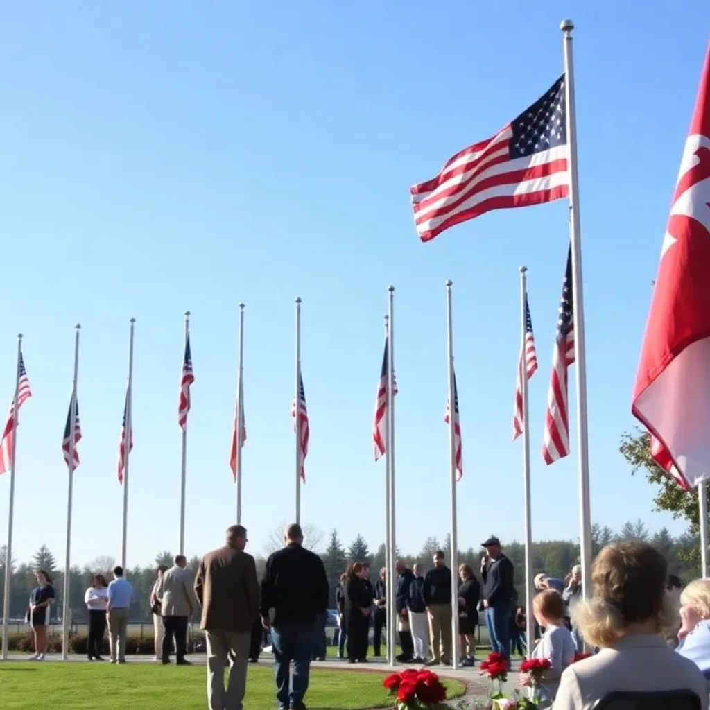 Flags at half-mast with community gathering in remembrance.