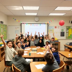 Classroom celebration with students and joyful learning environment.