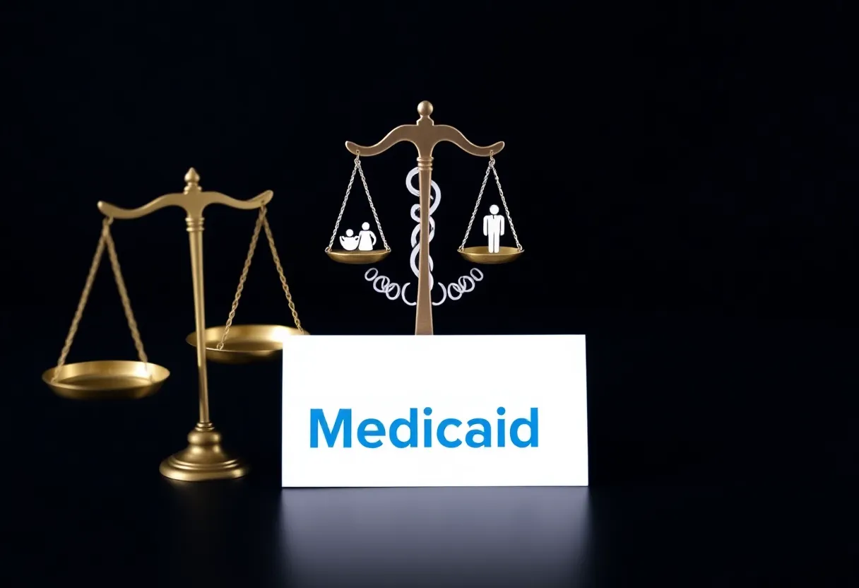 Scales of justice with healthcare symbols and Medicaid logo.