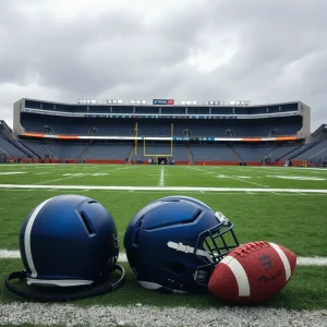 Football gear and empty stadium under cloudy skies.