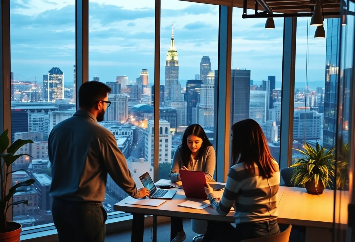 San Francisco skyline with marketing teams engaging in agile practices.