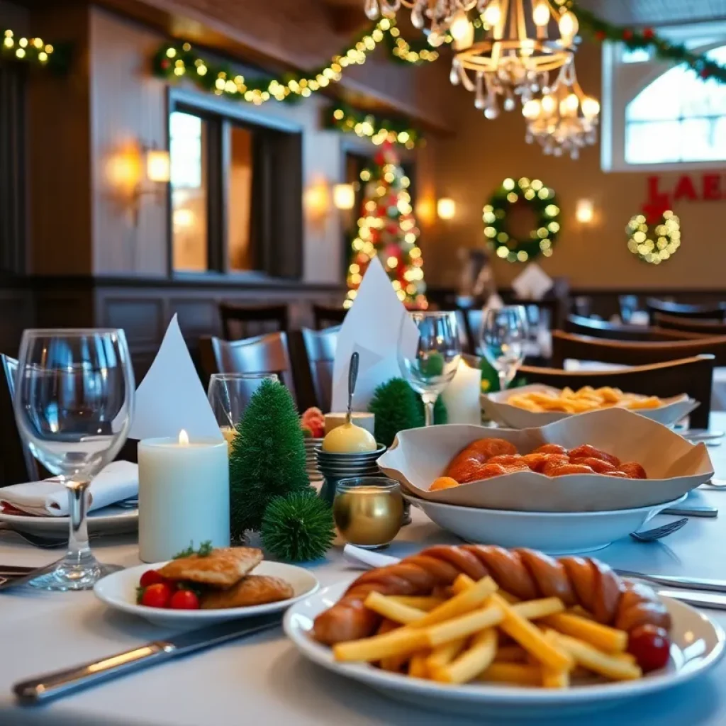 Table set for Christmas dinner in Beaufort County with festive decorations and food.