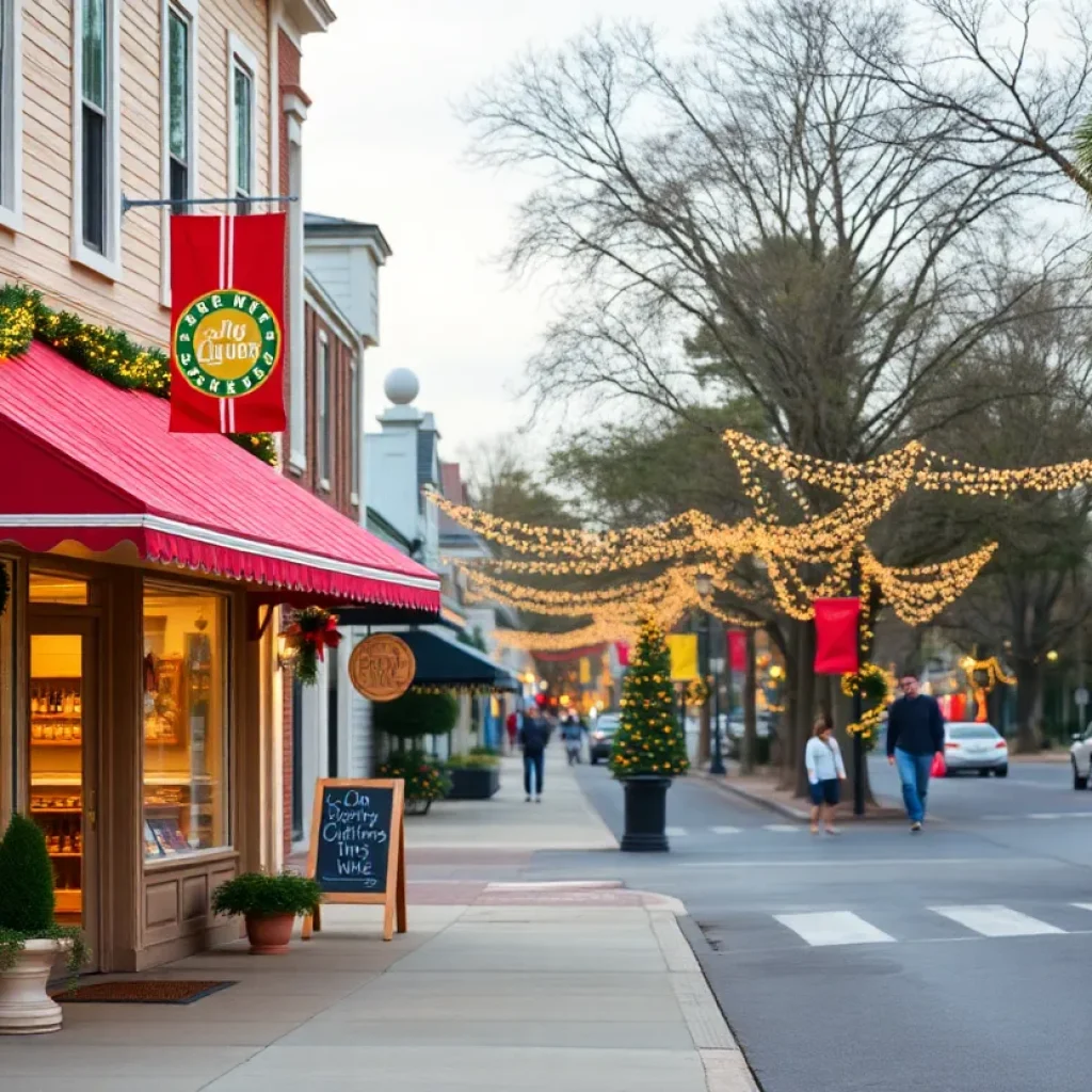 A festive street in Beaufort County showcasing holiday decorations and liquor store for Christmas shoppers.