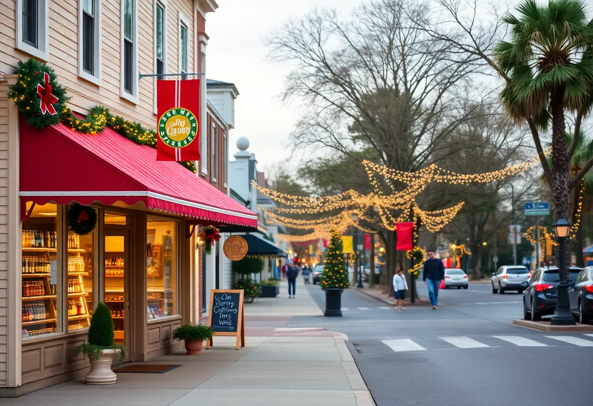 A festive street in Beaufort County showcasing holiday decorations and liquor store for Christmas shoppers.