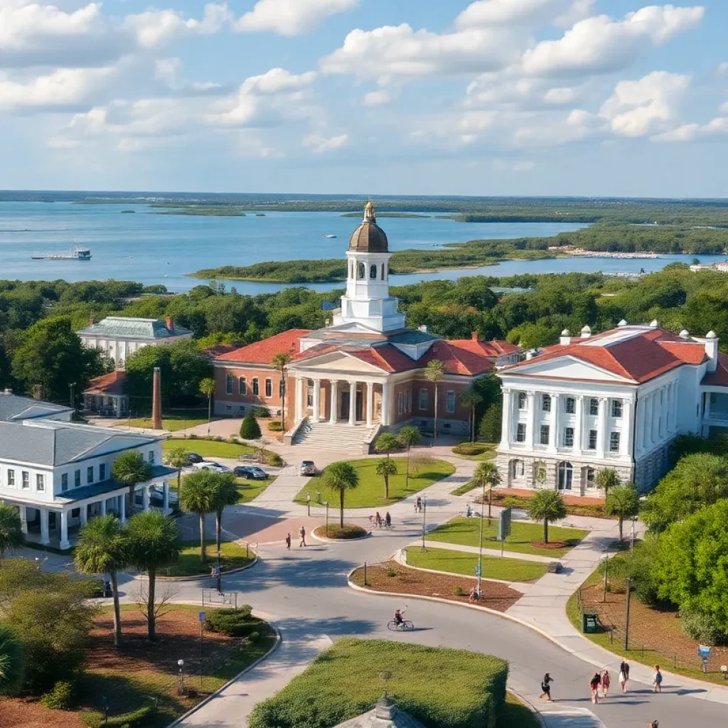 Overview of Beaufort County's political environment with legislative buildings and coastal scenery