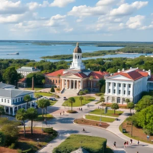 Overview of Beaufort County's political environment with legislative buildings and coastal scenery