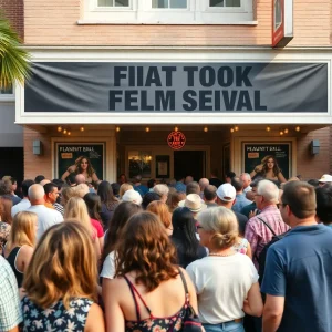 Crowd at Beaufort International Film Festival with film posters