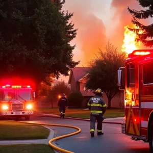 Firefighters working to put out a residential fire.