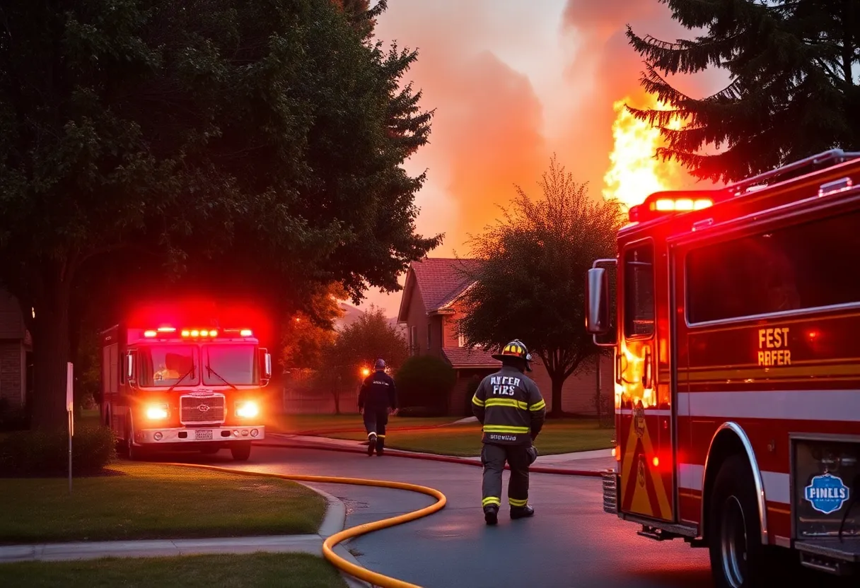 Firefighters working to put out a residential fire.