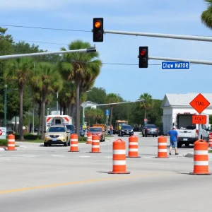 Construction workers at Bluffton intersection with traffic cones.