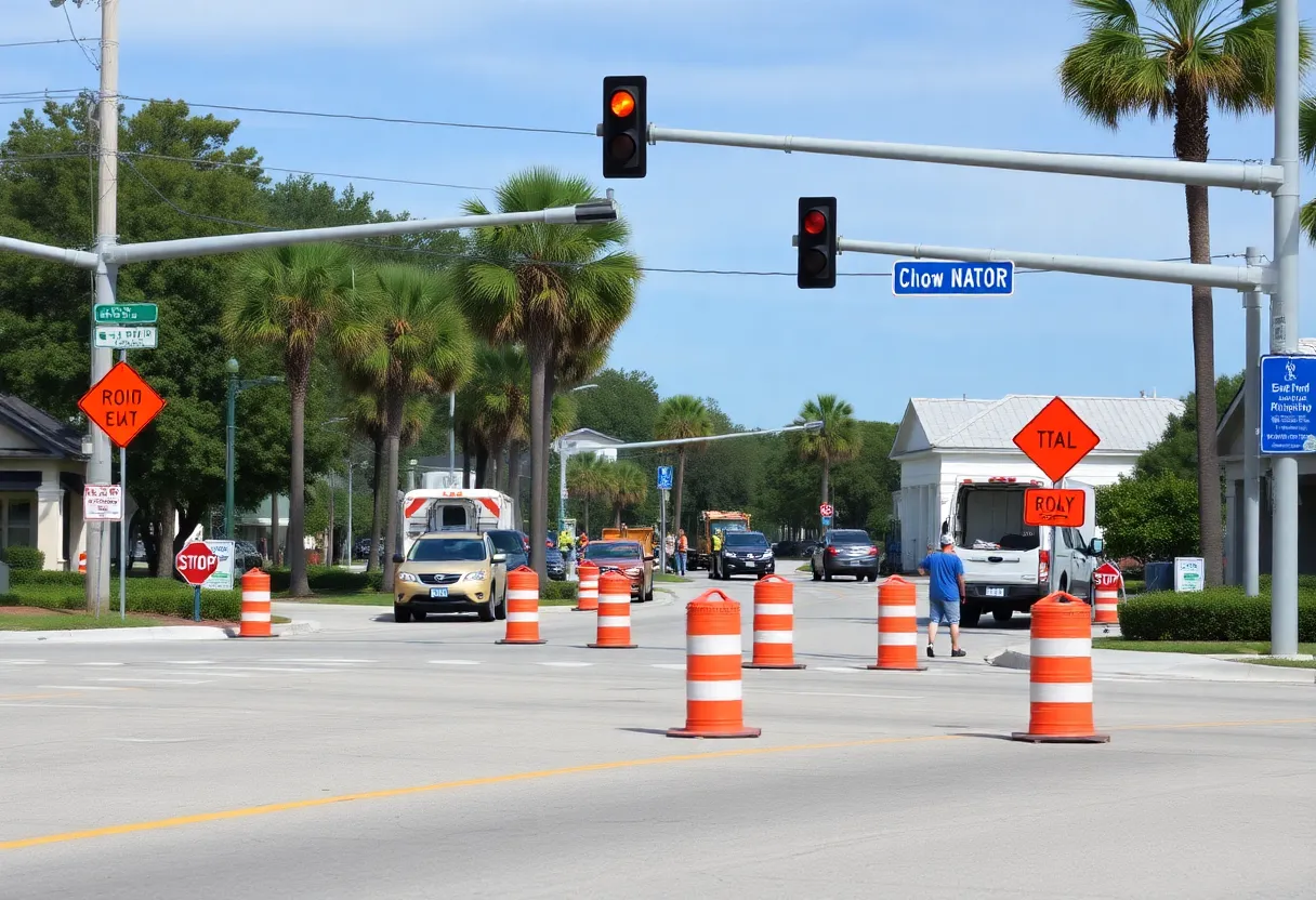 Construction workers at Bluffton intersection with traffic cones.