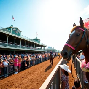 Spectators and racehorses at Churchill Downs during the Kentucky Derby.