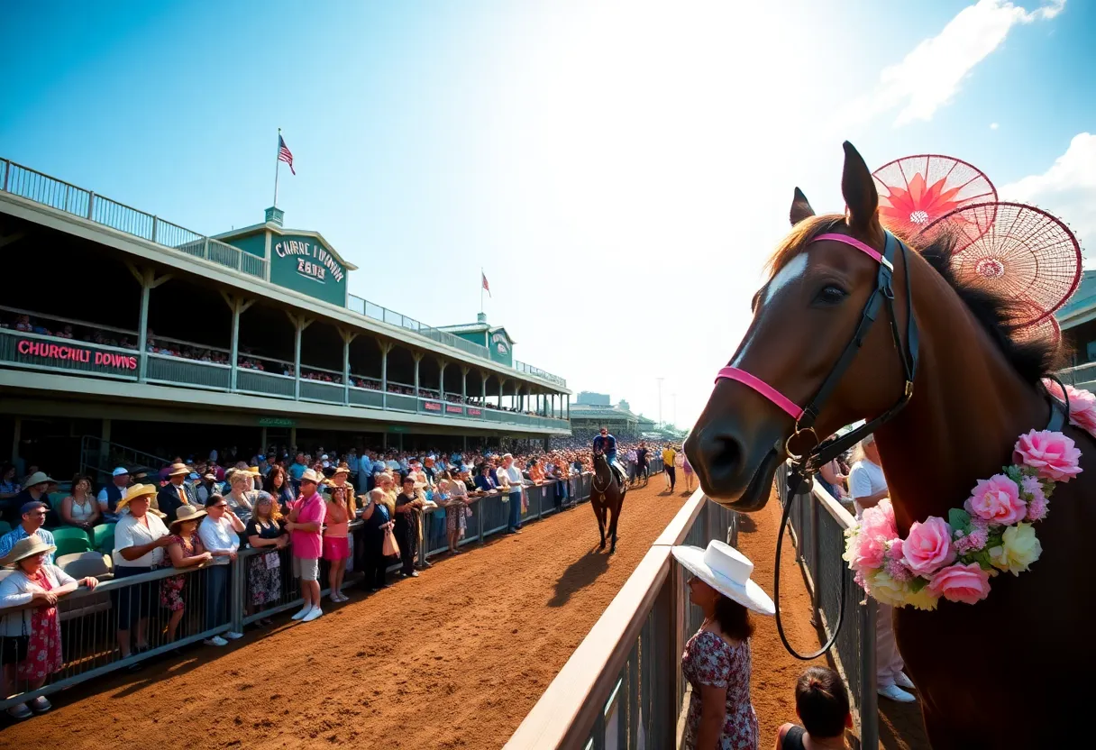 Spectators and racehorses at Churchill Downs during the Kentucky Derby.