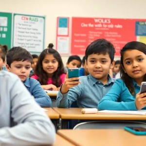 Students learning in a classroom without cell phones.