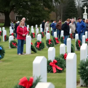 Community members placing wreaths on veteran graves at Ridgeland Cemetery